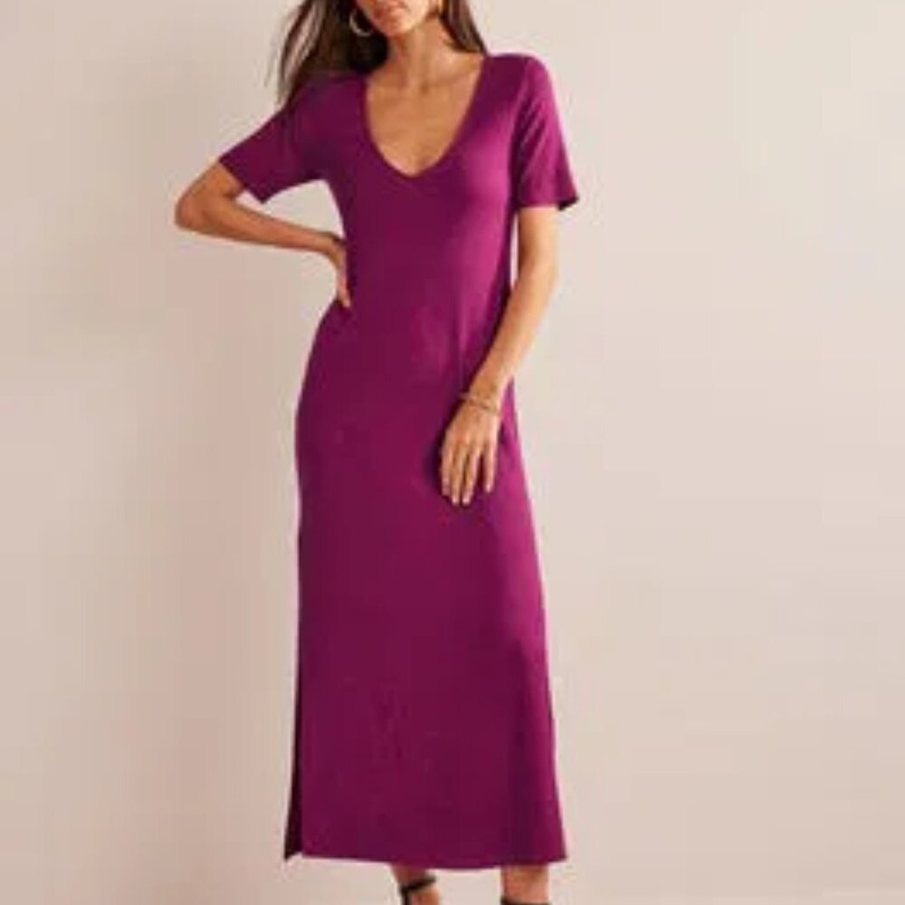 Boden Rib Jersey Midi T-Shirt Dress US 10 Short Sleeve V-Neck Side Slit Vacation